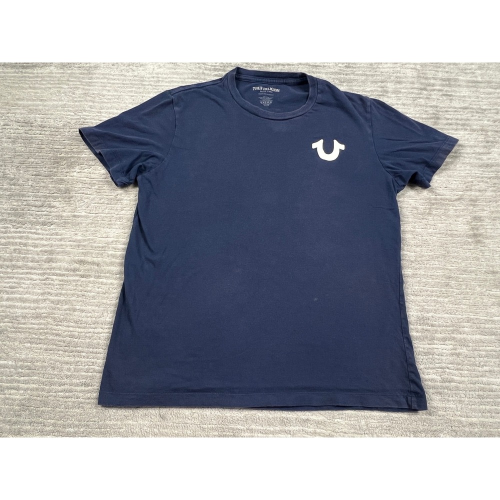 True Religion T-Shirt Mens Medium Navy Blue Graphic Logo Short Sleeve 108325